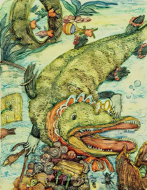 插画，贝·扎霍杰尔的《蝌蚪的体操》（1989年）一书插图，纸本、水彩、白粉、钢笔、墨水，尺寸27×42厘米，作者自藏。