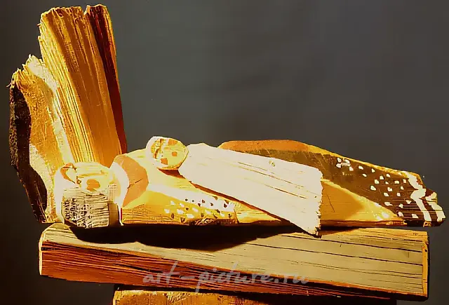 A dream, 1990, painted wood, 15x20x7 Property of Tumen Museum of Fine Art.