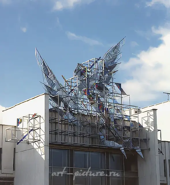 Icarus, 1990, stainless steel, glass, welding, S-300 sq.m. House of Culture in Bobruisk. Belarus