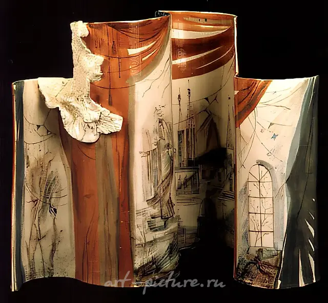 Divertissement, 1982, faience, underglaze painting, salts, height 71. Author`s property