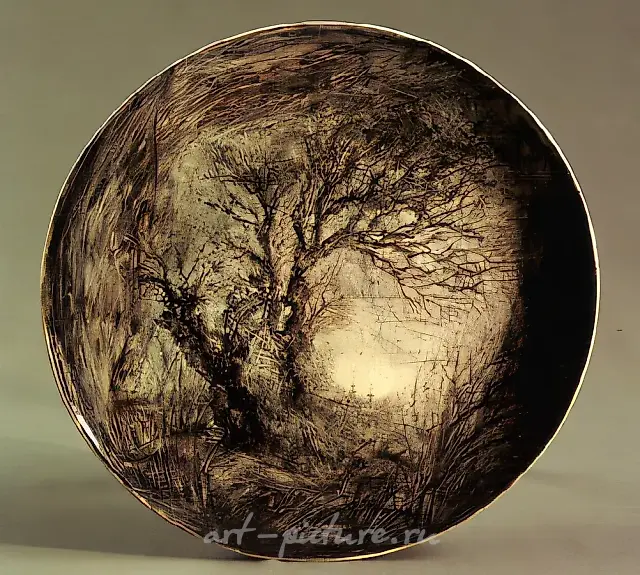 Old Trees, 1979, faience, underglaze painting, D - 55. Author`s property