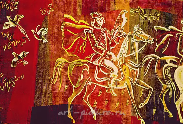 Hunt (fragment), 1982, wool, handicraft, 160x900 Property of hotel "Petersburg" in St. Peterburg