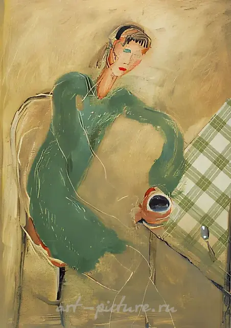 Young Woman with a Cup of Coffee, 1991, canvas, oil, assemblage, 87x74