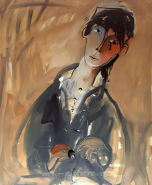 Boy Buttoning a Button, 1990, canvas, oil, assemblage, 92x74