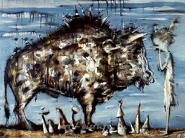 A girl and a bull, 0, canvas, oil, 90x100 Property of "Moscow Palette" Gallery