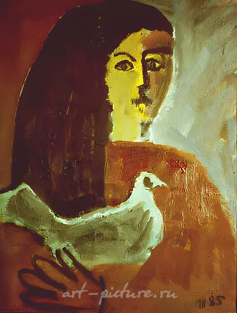 女孩与鸽子，1985年，布面油画，50x40