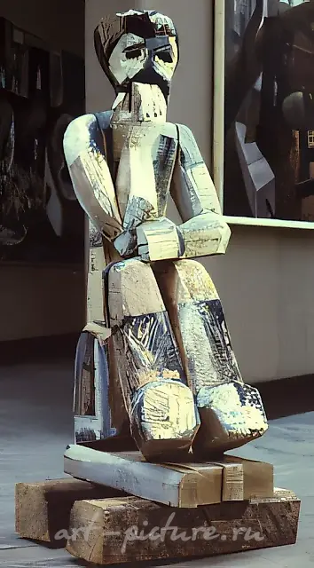 Burly man, 1988, wood, painting, 140x80x80 Property of State Russian museum of Fine Art. St. Petersburg.