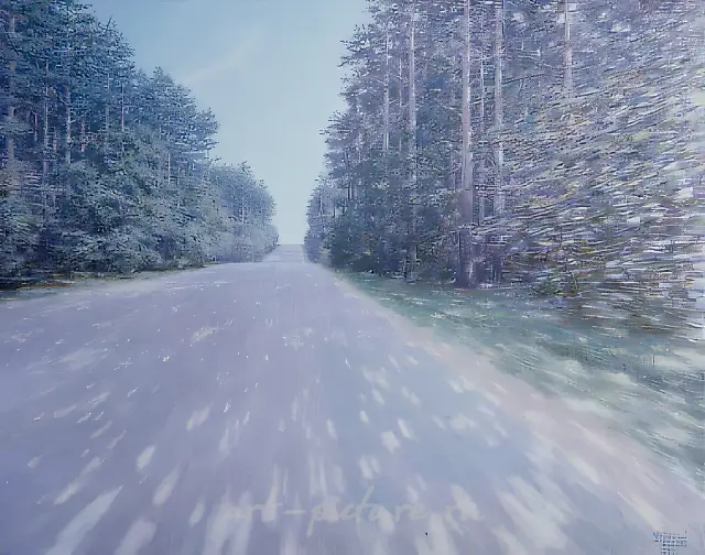森林中的公路，1994年，布面油画，80×100厘米。作者自藏。