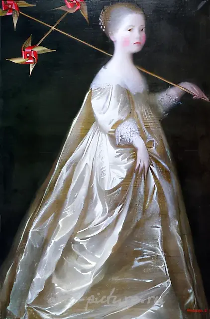 拿着风车的女孩，1995年，布面油画，120×80
