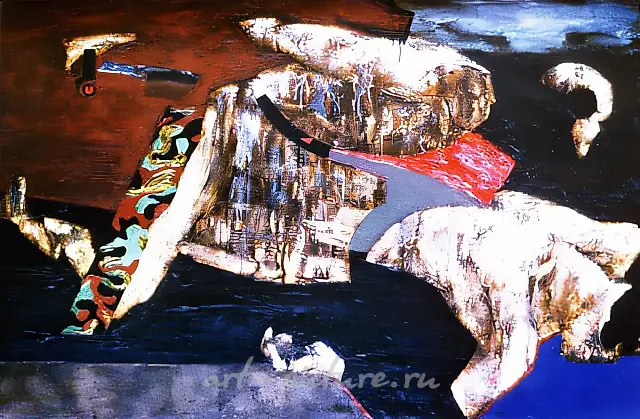 该作品名为《该隐与亚伯，或内战前夕》，创作于1991年，材料为油画布，尺寸为100x150厘米。现藏于奥地利休伯特·图恩霍费尔私人收藏。