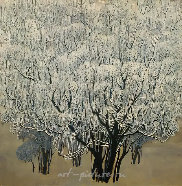 Куст сирени. Иней, 1998, масло на холсте, 100x100