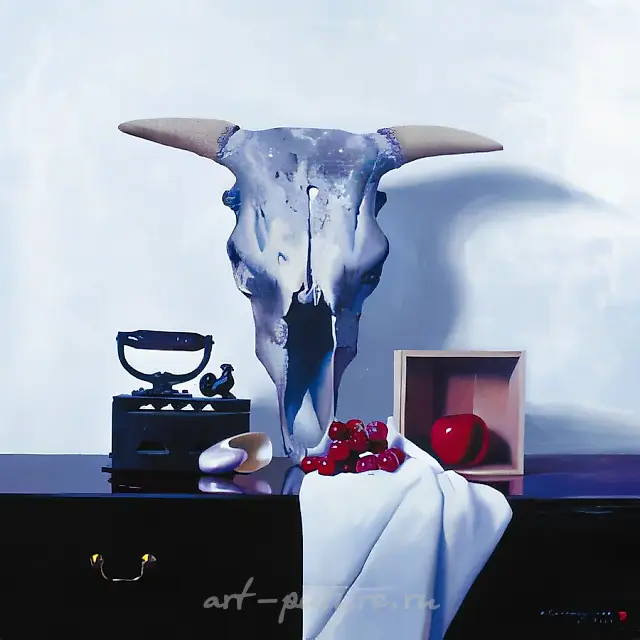 有牛头的静物，2000年，布面油画，72x72