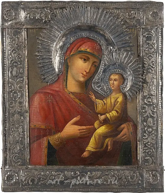 ICON WITH THE MOTHER OF GOD OF TIKHVIN (TIKHVINSKAYA) WITH SI...