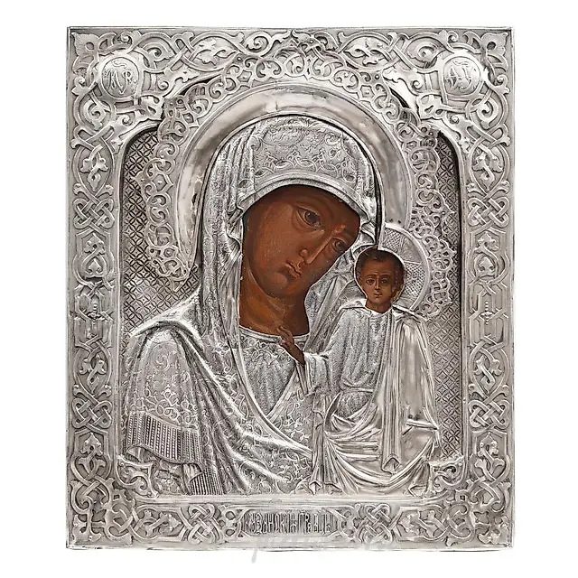 Moscow workshop, Russia, Religious icon on wood, with silver...