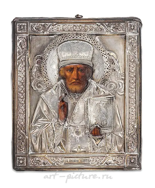 ICON DEPICTING SAINT NICHOLAS WITH SILVER RIZA, MOSCOW, 18...
