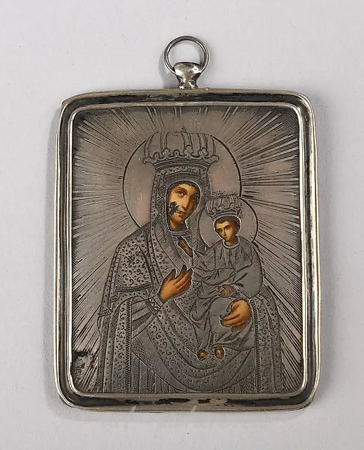 Icon of the Virgin and Child in majesty. Enameled...