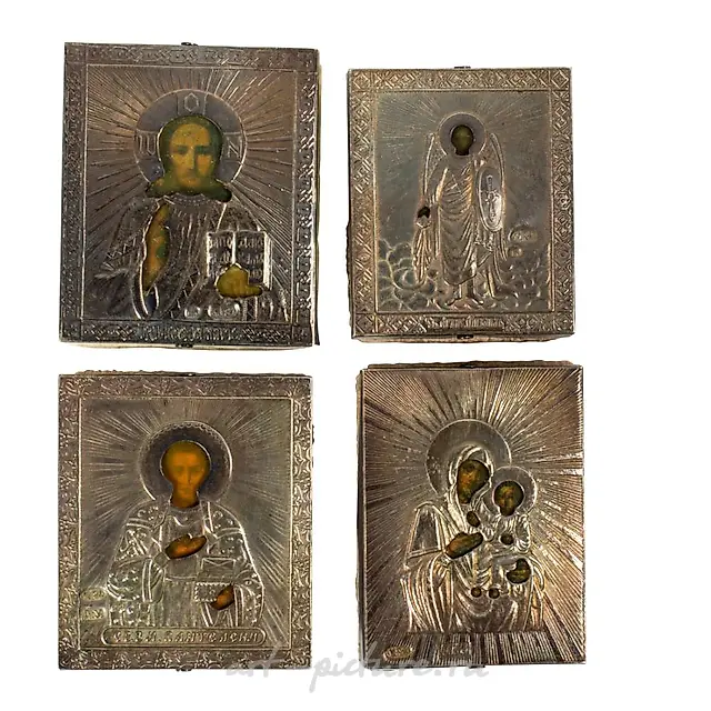A (lot of 4) Russian miniature .84 silver oklad traveling icons.