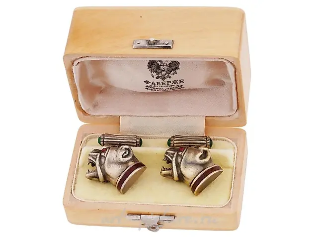 RUSSIAN GILT SILVER GEMSTONES BULLDOG CUFFLINKS