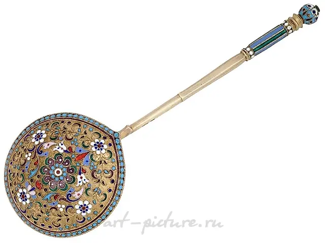 RUSSIAN GILT SILVER CLOISONNE ENAMEL SOUP SPOON