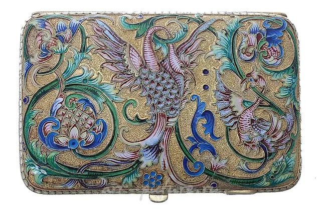 Fine Russian silver-gilt cloisonne and plique a jour cigarette case.