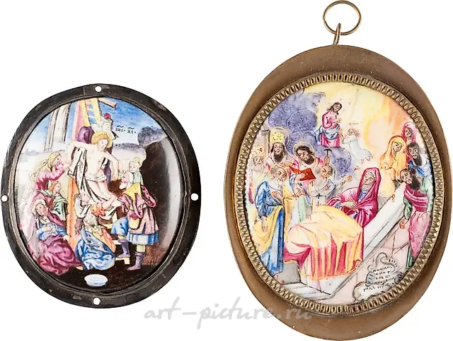 TWO FINE AND LARGE ENAMELS WITH THE CROSS STITCH AND THE E...