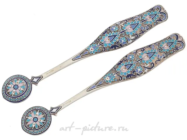 RUSSIAN GILT SILVER CLOISONNE ENAMEL TEA SPOONS
