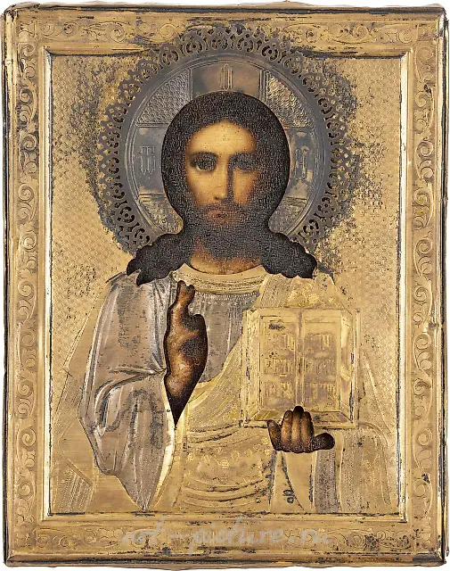 ICON WITH CHRIST PANTOCRATOR WITH VERMEIL OKLAD
