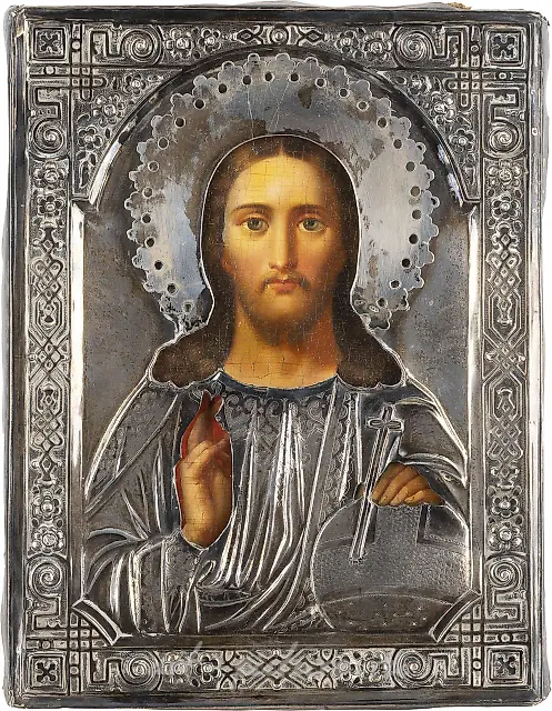 ICON WITH CHRIST PANTOCRATOR WITH SILVER OKLAD