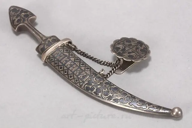Russian Caucasus Silver and Niello Dagger Brooch.