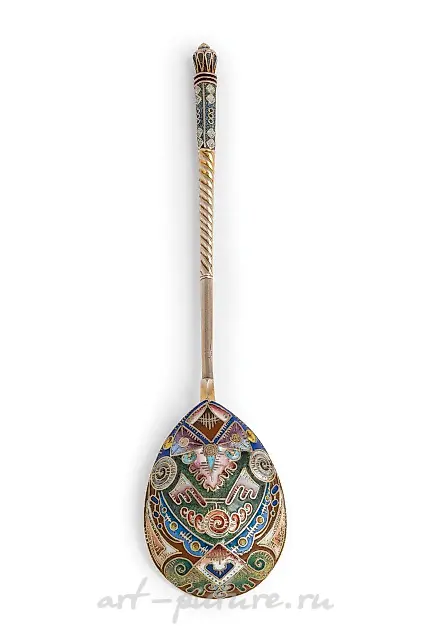 Серебряная ложка с позолотой и эмалью, Москва, 1908-1917