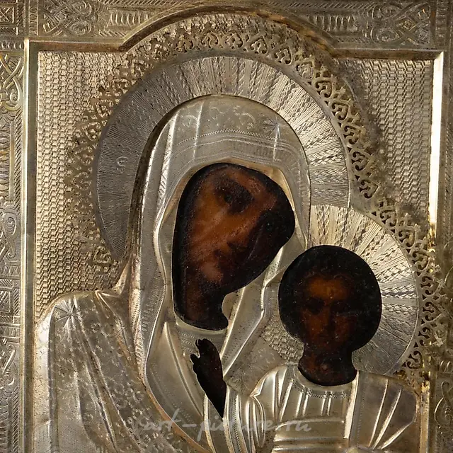 Russian Enameled Silver Icon of the Mother of God of Kazan