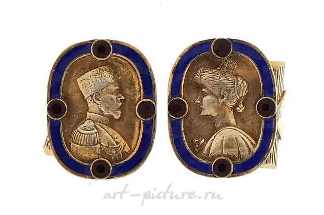 Pair of silver gilt and enamel portrait cufflinks set with rubies.