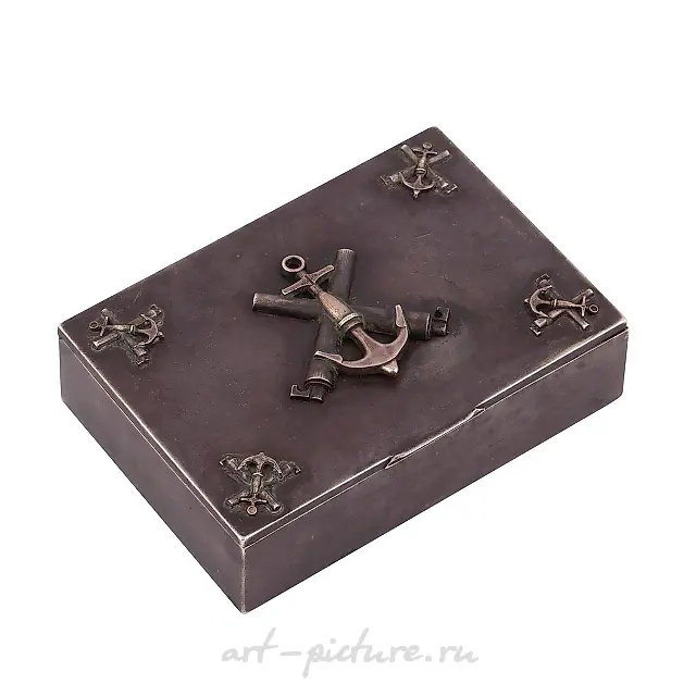 A Russian silver cigar box with cast Navy patch emblems, E.C...