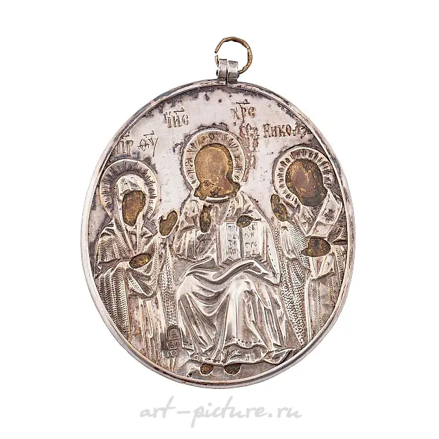 A Russian travel icon in silver riza with Deesis and Saint M...