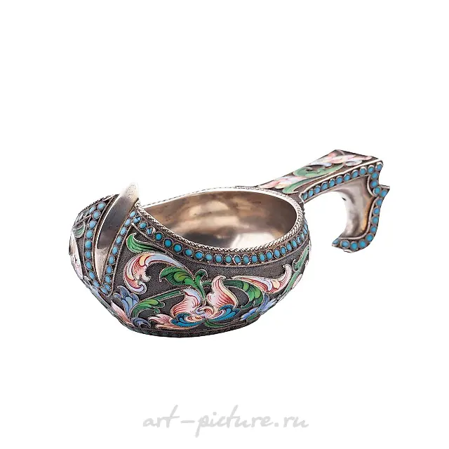 A Russian silver and cloisonné enamel kovsh by I. Saltikov.