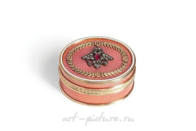 ЗОЛОТАЯ ТАБАЧНАЯ КОРОБКА ДВУХ ЦВЕТОВ, ЭМАЛЬ, БРИЛЛИАНТЫ И КАМНИ