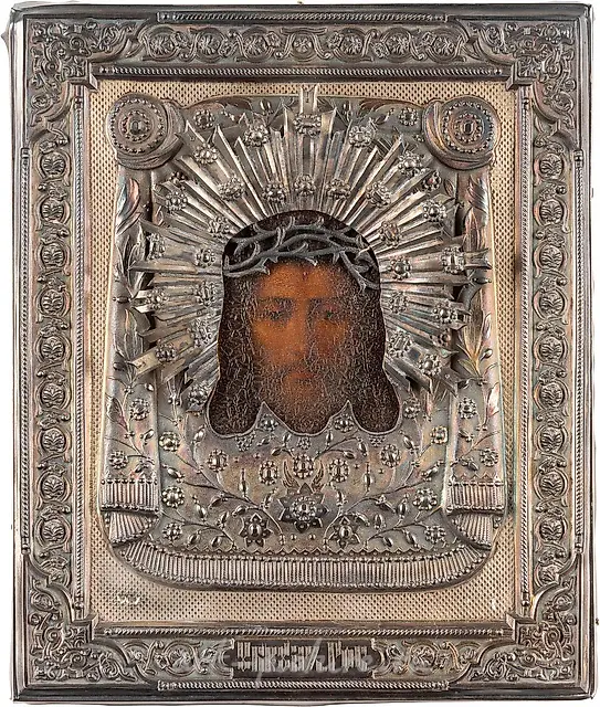 A SMALL ICON SHOWING THE MANDYLION WITH A SILVER OKLAD Russian