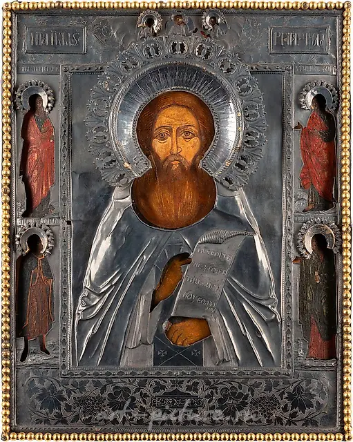 AN ICON SHOWING ST. SERGEI OF RADONEZH WITH SILVER OKLAD Ru
