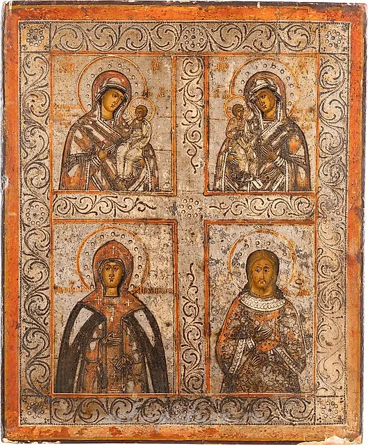 Икона с изображениями Богоматери в четырех частях