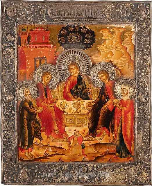A VERY FINE ICON SHOWING THE OLD TESTAMENT TRINITY WITH A S