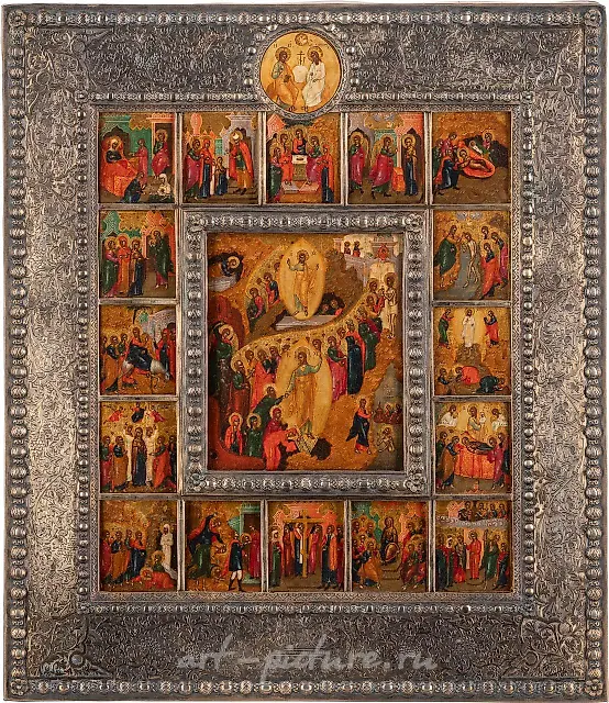 A SIGNED ICON OF THE ANASTASIS WITH 16 FEASTS AND GILDED SI