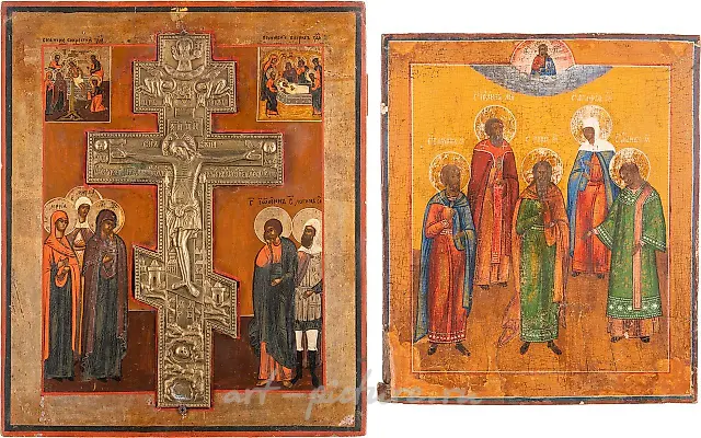 Икона, изображающая пять избранных святых, и очень большая икона, изображающая распятие.