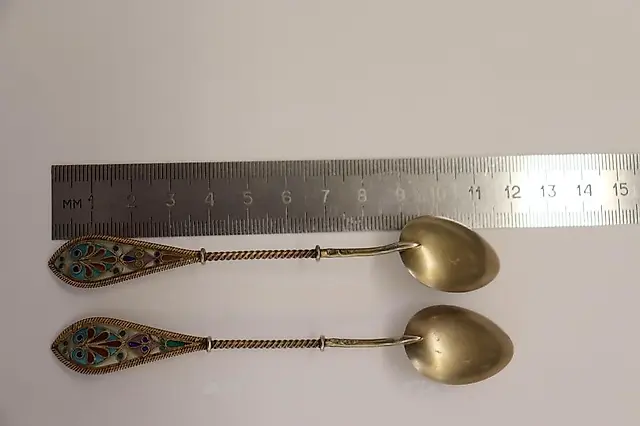 Karl Faberge pair of silver gilded tea spoons with unique tr...