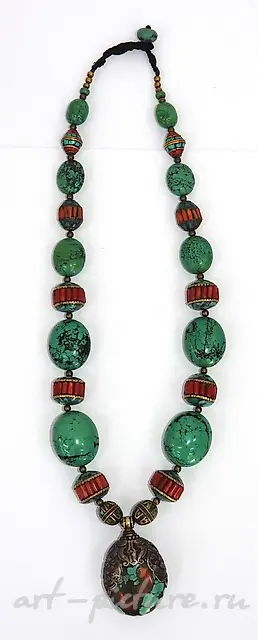 Колье из коралла, малахита, турмалина и серебра