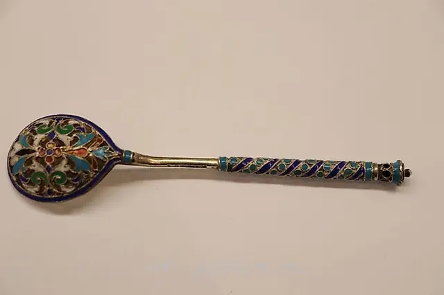 Silver Spoon - Champlevé enamel 84 silver mark "BC", Imperial...