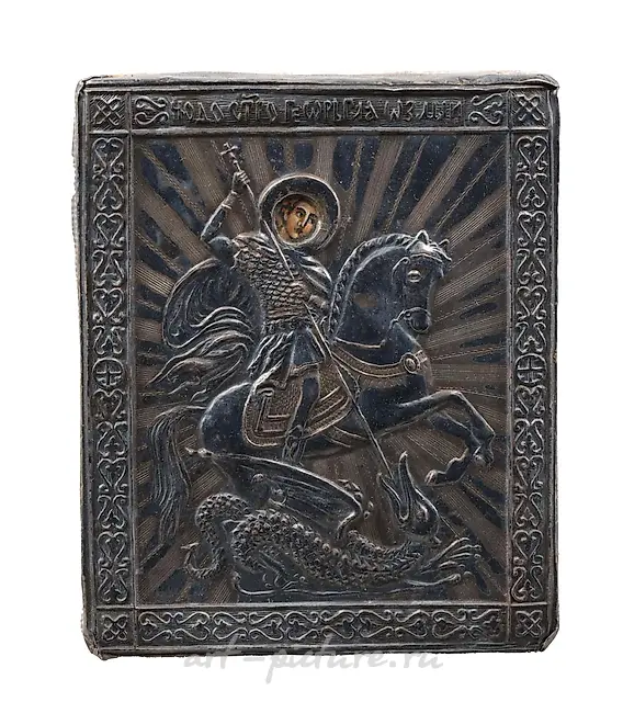 俄罗斯圣像的古董照片石版印刷品，带有银质板。