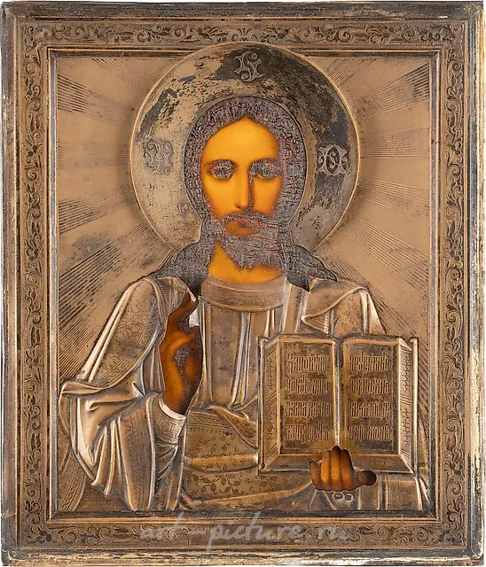 AN ICON SHOWING CHRIST PANTOKRATOR WITH SILVER-GILT OKLAD WI...