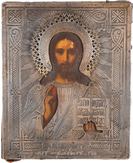 A SMALL ICON SHOWING CHRIST PANTOKRATOR WITH A SILVER OKLAD