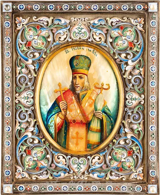 A SMALL ICON OF ST. JOASAPH OF BELGOROD WITH A SILVER-GILT
