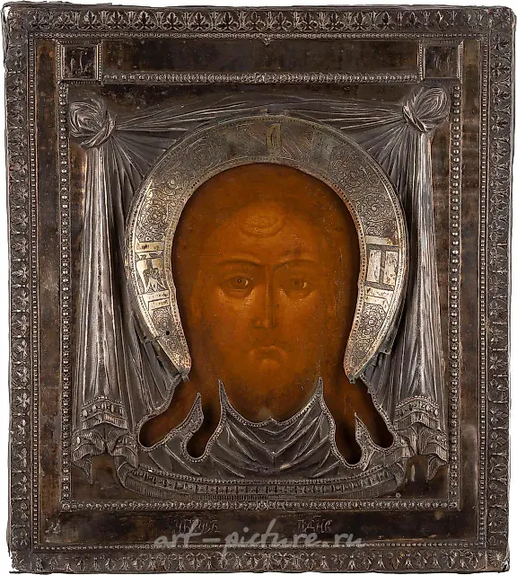 AN ICON SHOWING THE MANDYLION WITH A SILVER OKLAD Russian